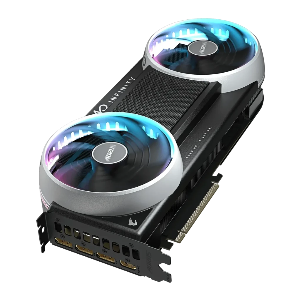 Gigabyte AORUS GeForce RTX 5070 Ti Infinity 16 Go GDDR7 Noir, détail: vue en perspective avec deux ventilateurs circulaires