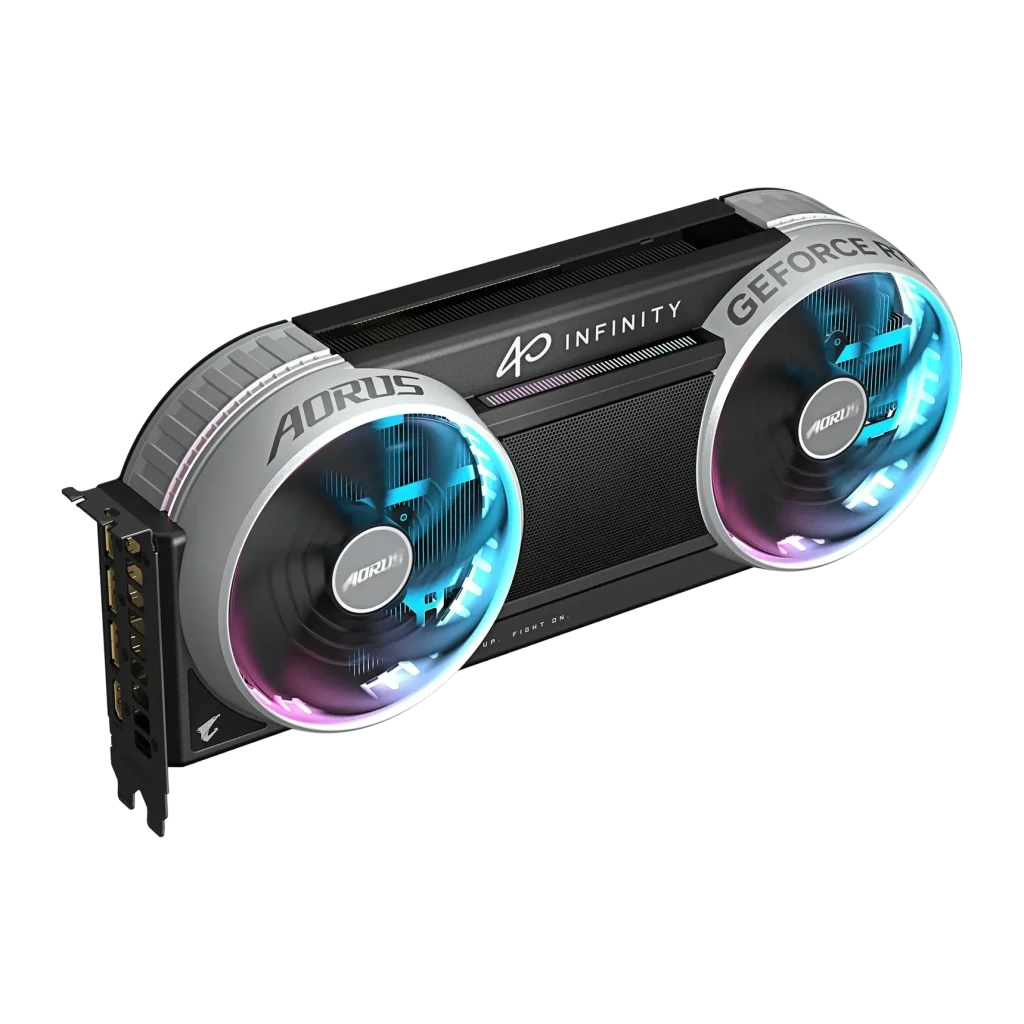Gigabyte AORUS GeForce RTX 5070 Ti Infinity 16 Go GDDR7 Noir, détail: vue en angle des deux ventilateurs RGB avec cadres