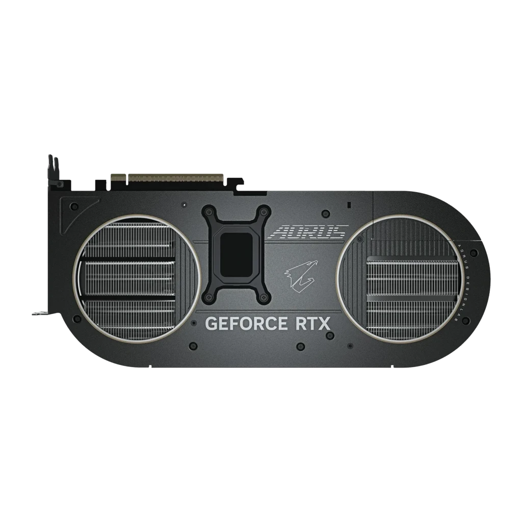 Gigabyte AORUS GeForce RTX 5070 Ti Infinity 16 Go GDDR7 Noir, vue arrière: backplate avec deux ventilateurs et logo AORUS