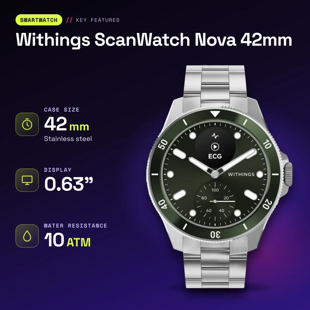 Withings ScanWatch Nova 42mm Verde SpO2 · Temperatura piel · FC · GPS - características