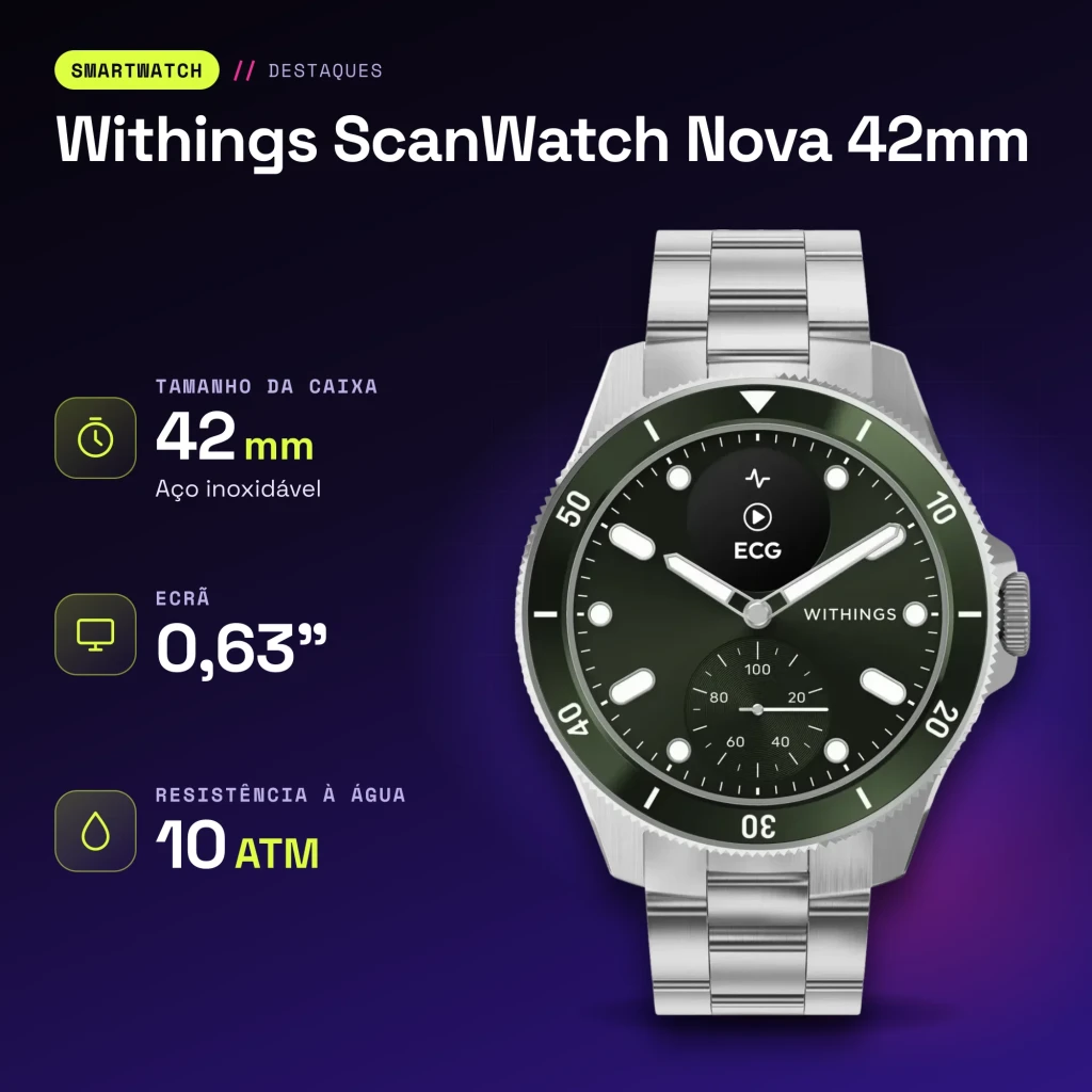 Withings ScanWatch Nova 42mm Verde SpO2 · Temperatura piel · FC · GPS - características