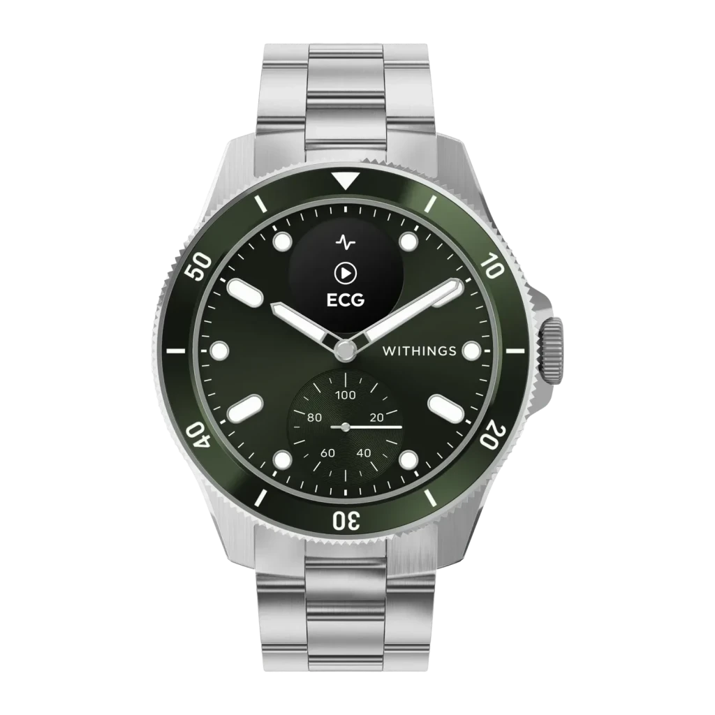 Withings ScanWatch Nova 42mm Verde SpO2 · Temperatura piel · FC · GPS, vista frontal: esfera verde con bisel giratorio