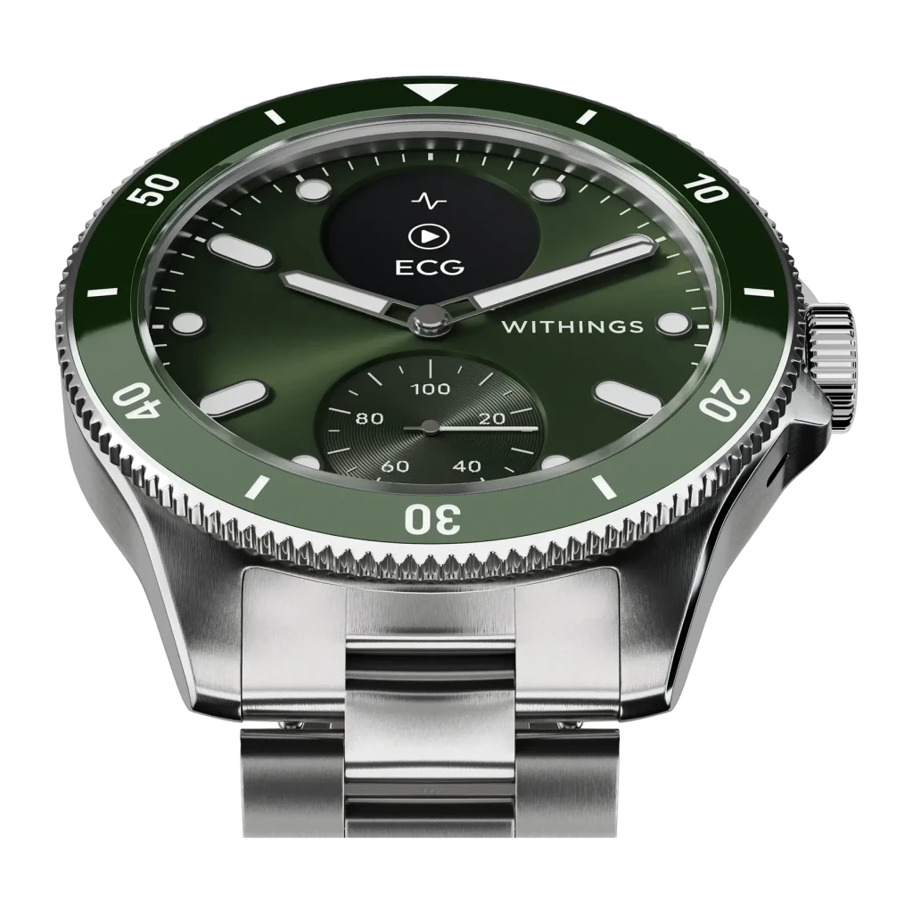 Withings ScanWatch Nova 42mm Verde SpO2 · Temperatura piel · FC · GPS, detalle: esfera verde con pantalla ECG, bisel