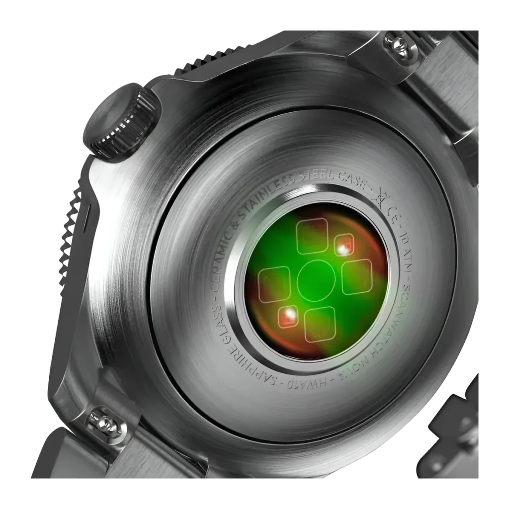 Withings ScanWatch Nova 42mm Verde SpO2 · Temperatura piel · FC · GPS, vista trasera: sensor óptico con LEDs verdes y rojos