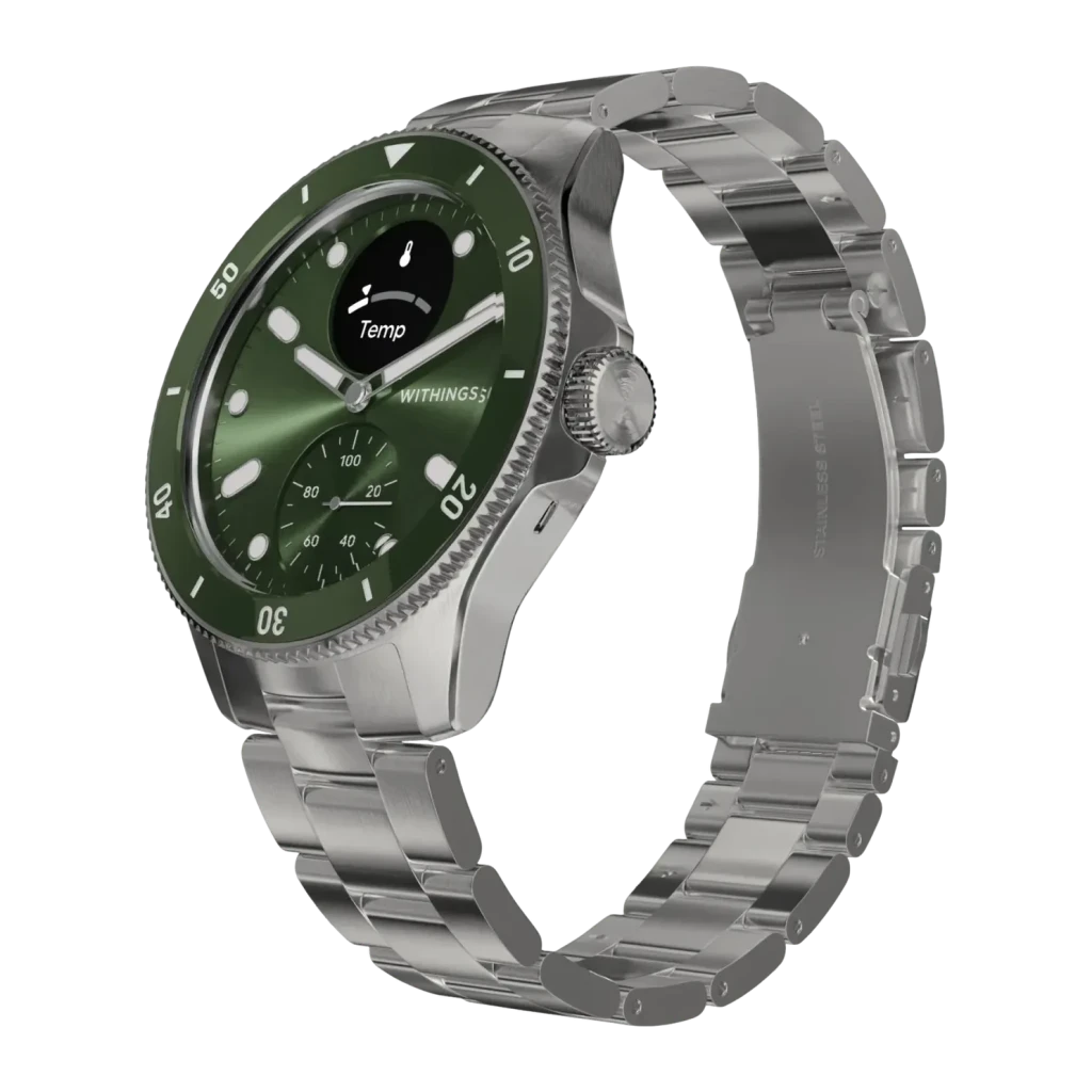 Withings ScanWatch Nova 42mm Verde SpO2 · Temperatura piel · FC · GPS, detalle: esfera verde con indicador Temp activo