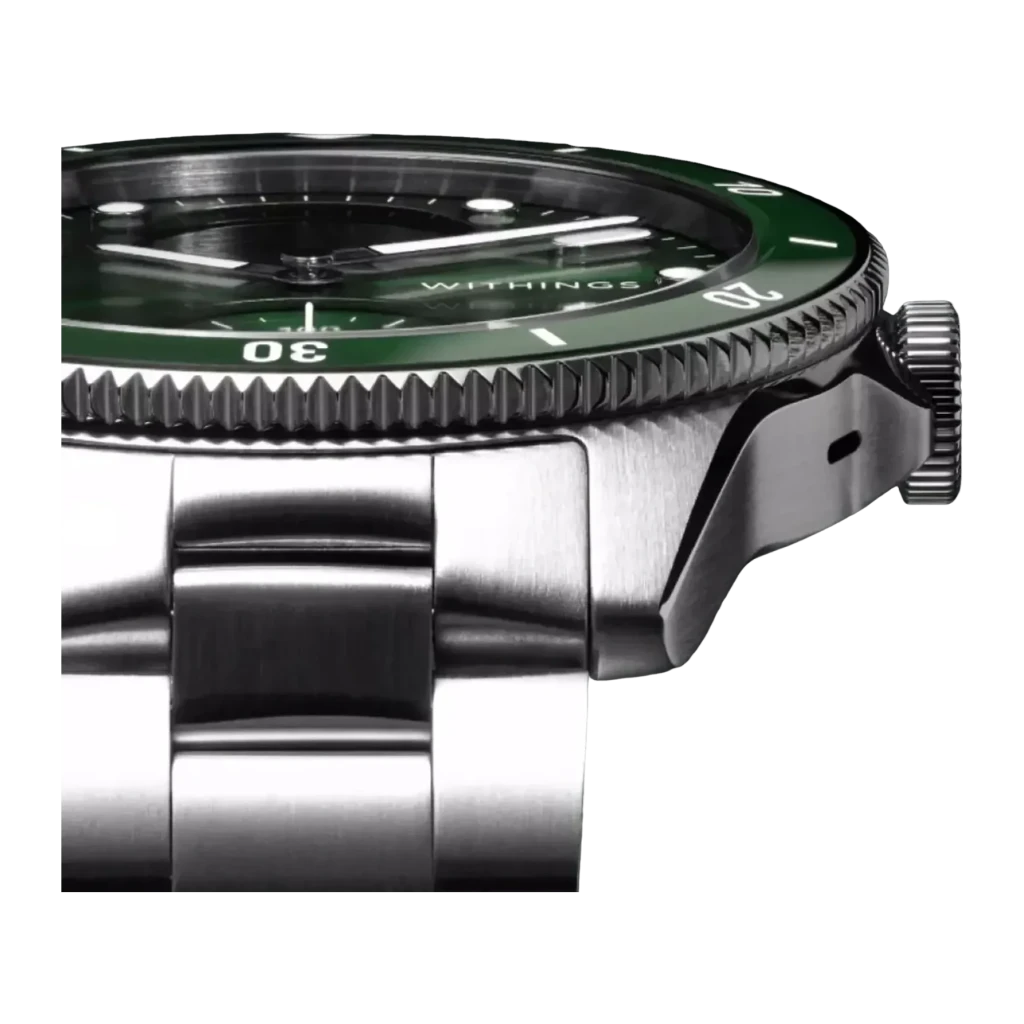Withings ScanWatch Nova 42mm Verde SpO2 · Temperatura piel · FC · GPS, detalle: bisel cerámico verde, corona y brazalete