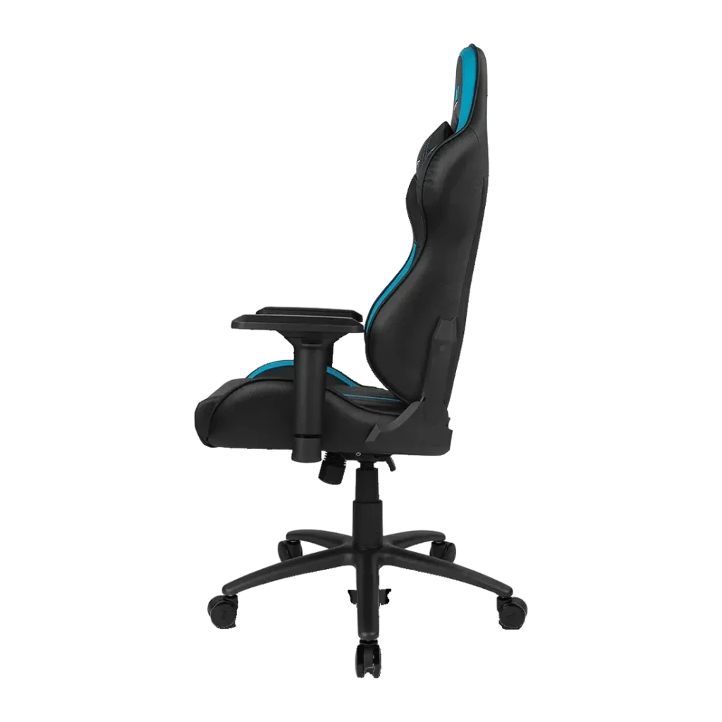 Silla Gaming DRIFT DR350 Negro/Azul PU 4D 150kg, detalle lateral: perfil completo con reposabrazos 4D, base estrella