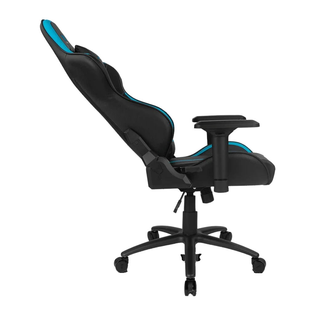 Silla Gaming DRIFT DR350 Negro/Azul PU 4D 150kg, detalle lateral: respaldo reclinable, reposabrazos 4D y base estrella