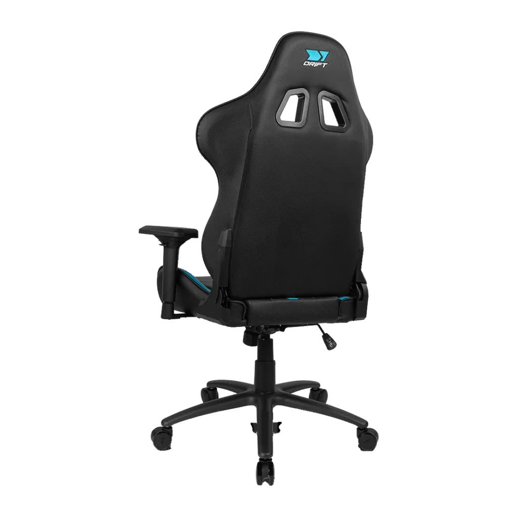 Silla Gaming DRIFT DR350 Negro/Azul PU 4D 150kg, vista trasera: respaldo con logo azul, reposabrazos 4D y base estrella negra