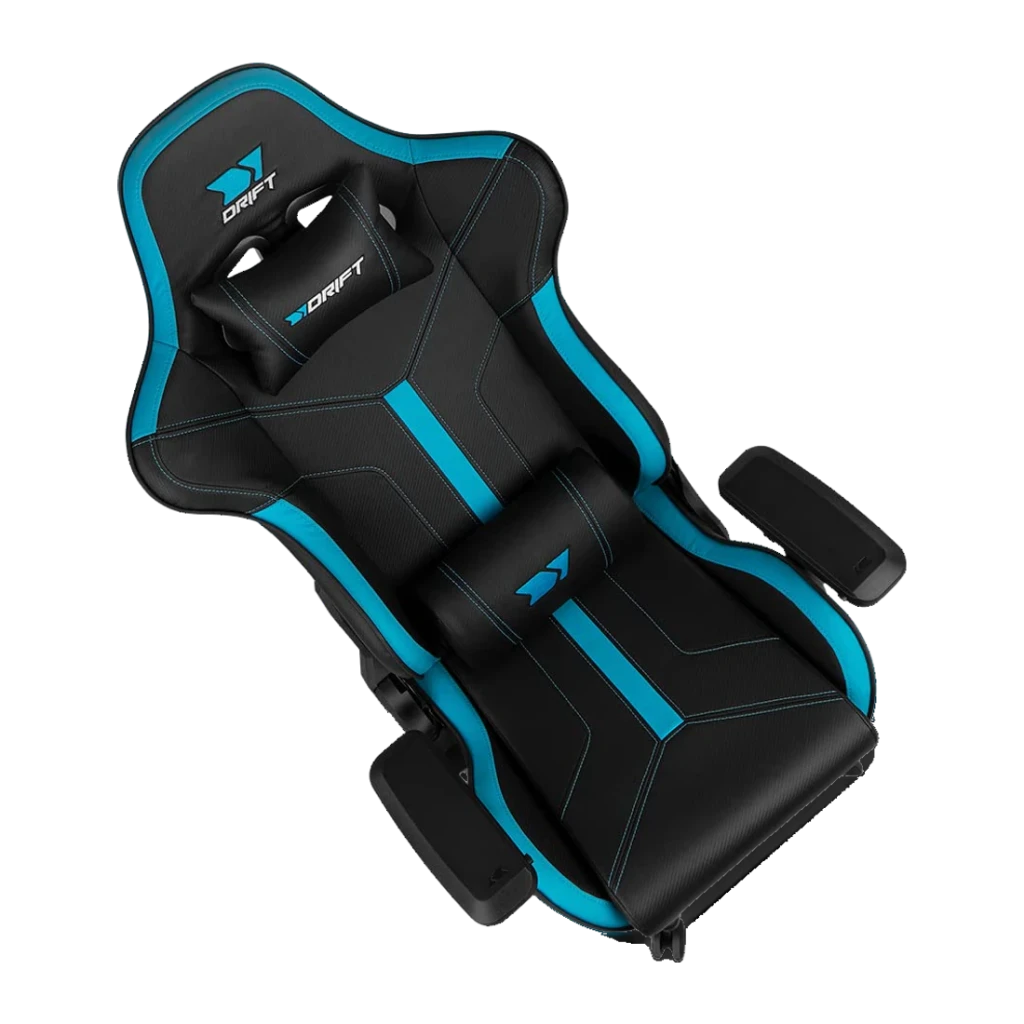 Silla Gaming DRIFT DR350 Negro/Azul PU 4D 150kg, detalle: vista cenital con costuras azules, logo y reposabrazos 4D visibles
