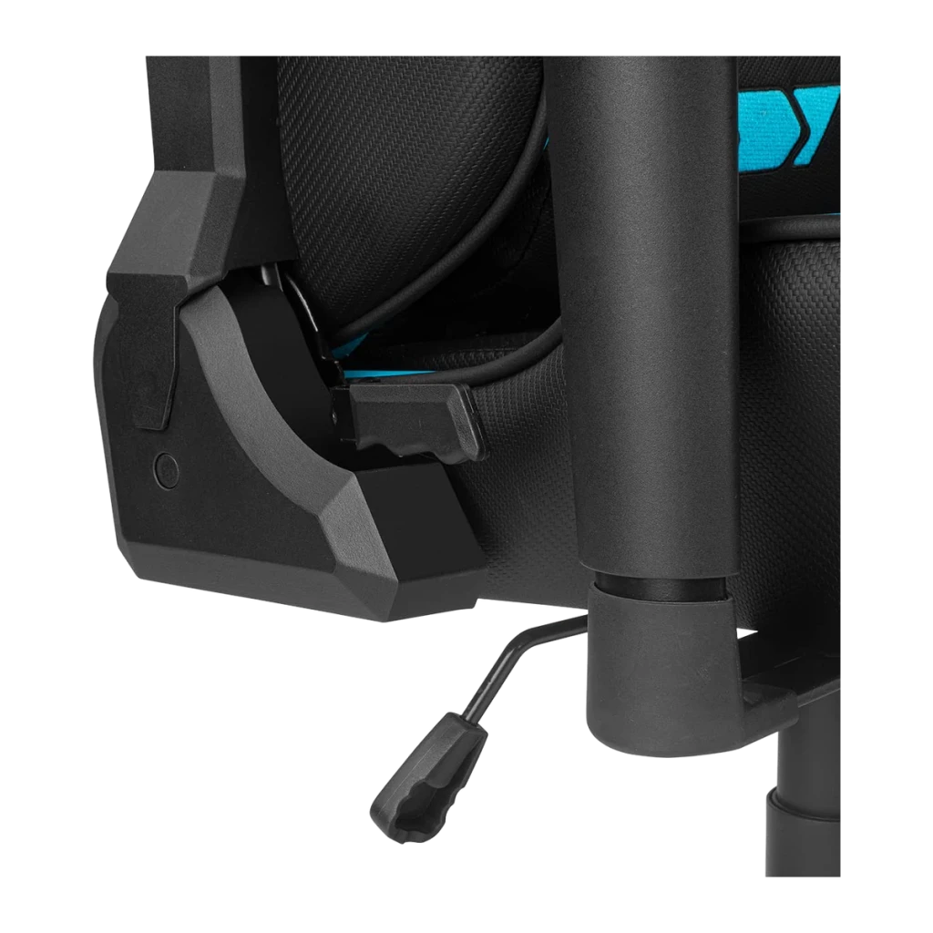 Silla Gaming DRIFT DR350 Negro/Azul PU 4D 150kg, detalle: mecanismo de reclinación y palancas de ajuste con acento azul