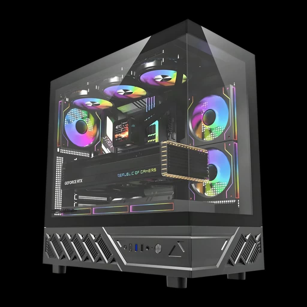 Caixa PC Darkflash DS950V Vidro Temperado 270° ATX / M-ATX / ITX Preto, vista frontal: painel de vidro 270°, fans ARGB e GPU