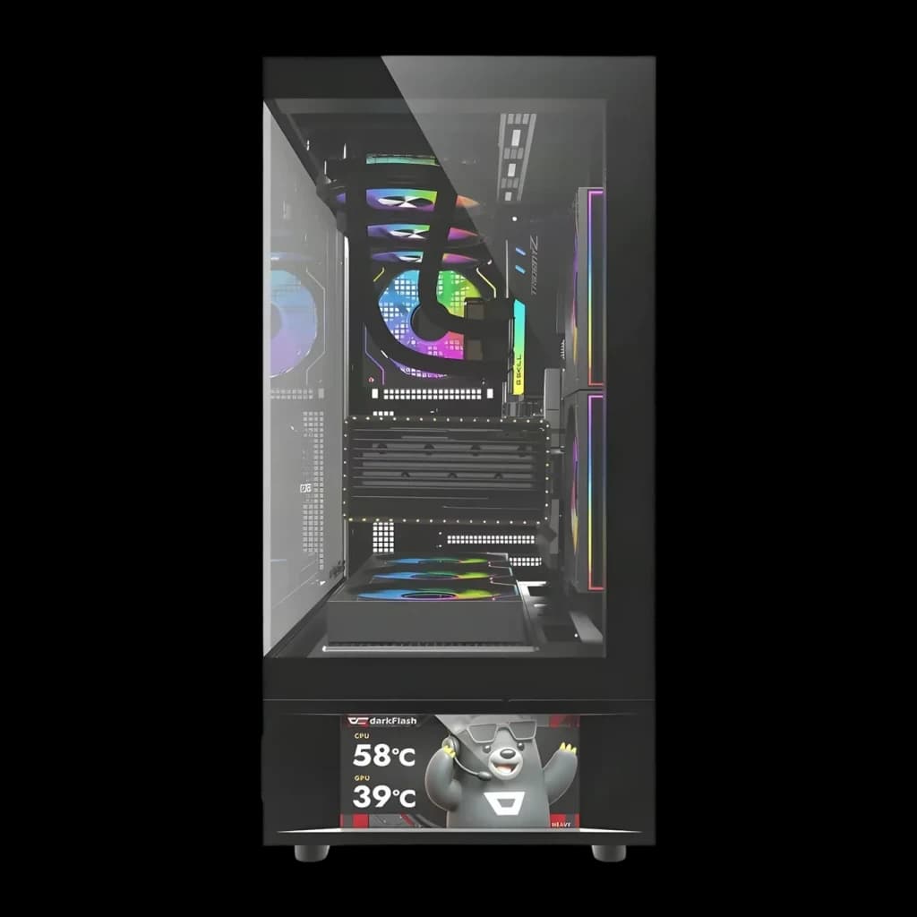 Caixa PC Darkflash DS950V Vidro Temperado 270° ATX / M-ATX / ITX Preto, detalhe: interior com ventoinhas RGB e ecrã frontal
