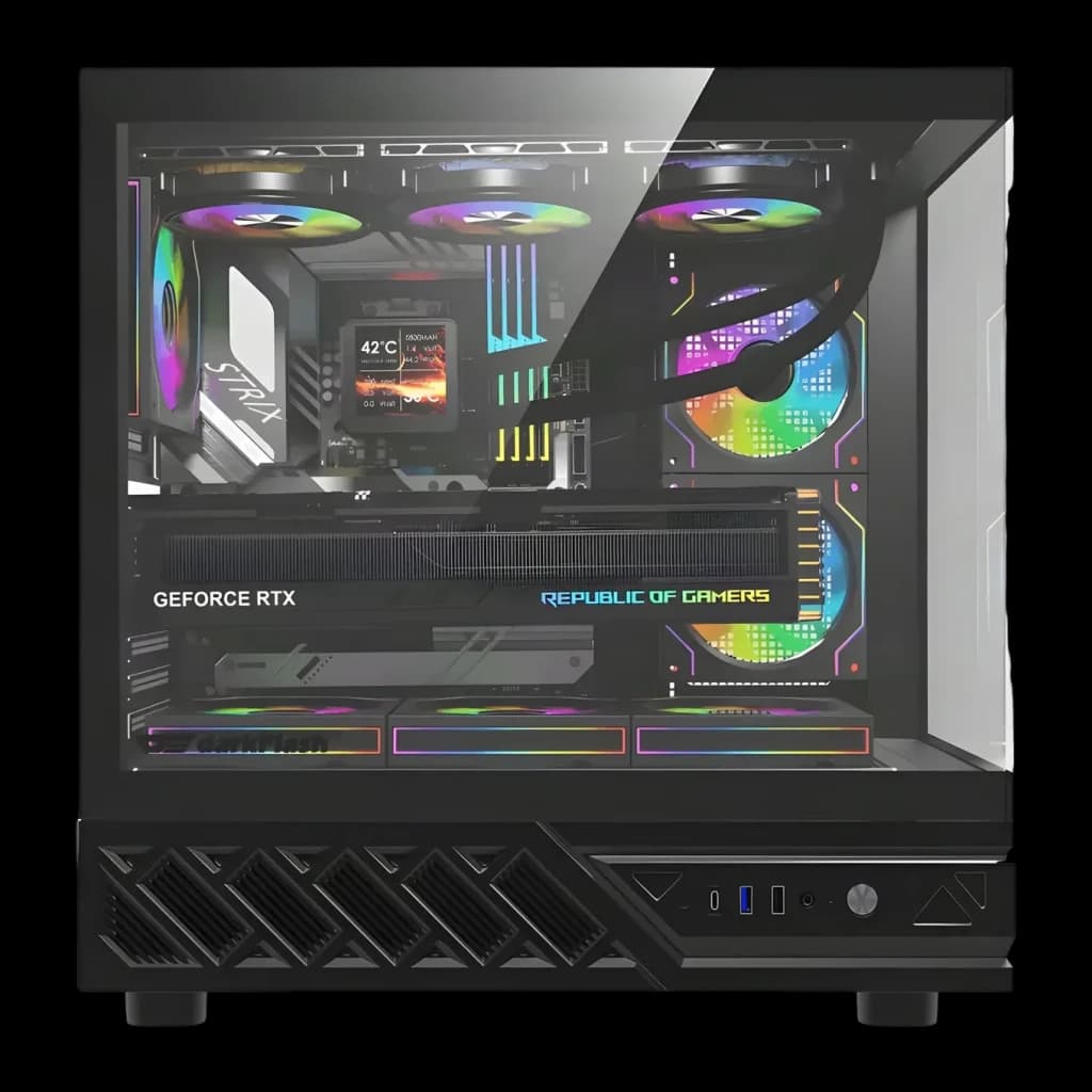 Caixa PC Darkflash DS950V Vidro Temperado 270° ATX / M-ATX / ITX Preto, detalhe: interior com GPU GeForce RTX, ventoinhas