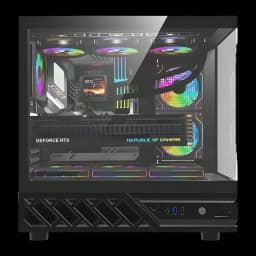 Caixa PC Darkflash DS950V Vidro Temperado 270° ATX / M-ATX / ITX Preto, detalhe: interior com GPU GeForce RTX, ventoinhas