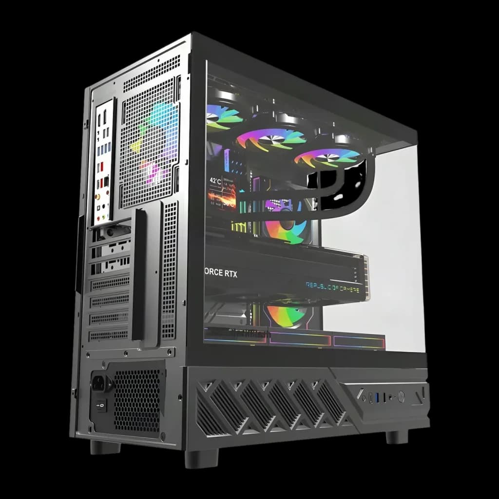 Caixa PC Darkflash DS950V Vidro Temperado 270° ATX / M-ATX / ITX Preto, vista traseira: painel traseiro com conectores E/S