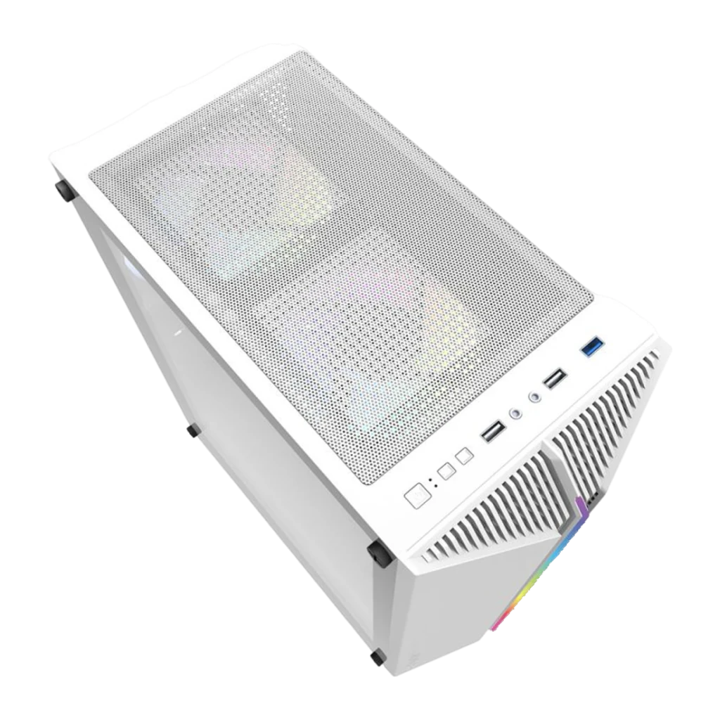 Boîtier PC Darkflash DK151 Verre Trempé ATX Blanc, détail: panneau supérieur mesh avec ventilateurs ARGB et façade