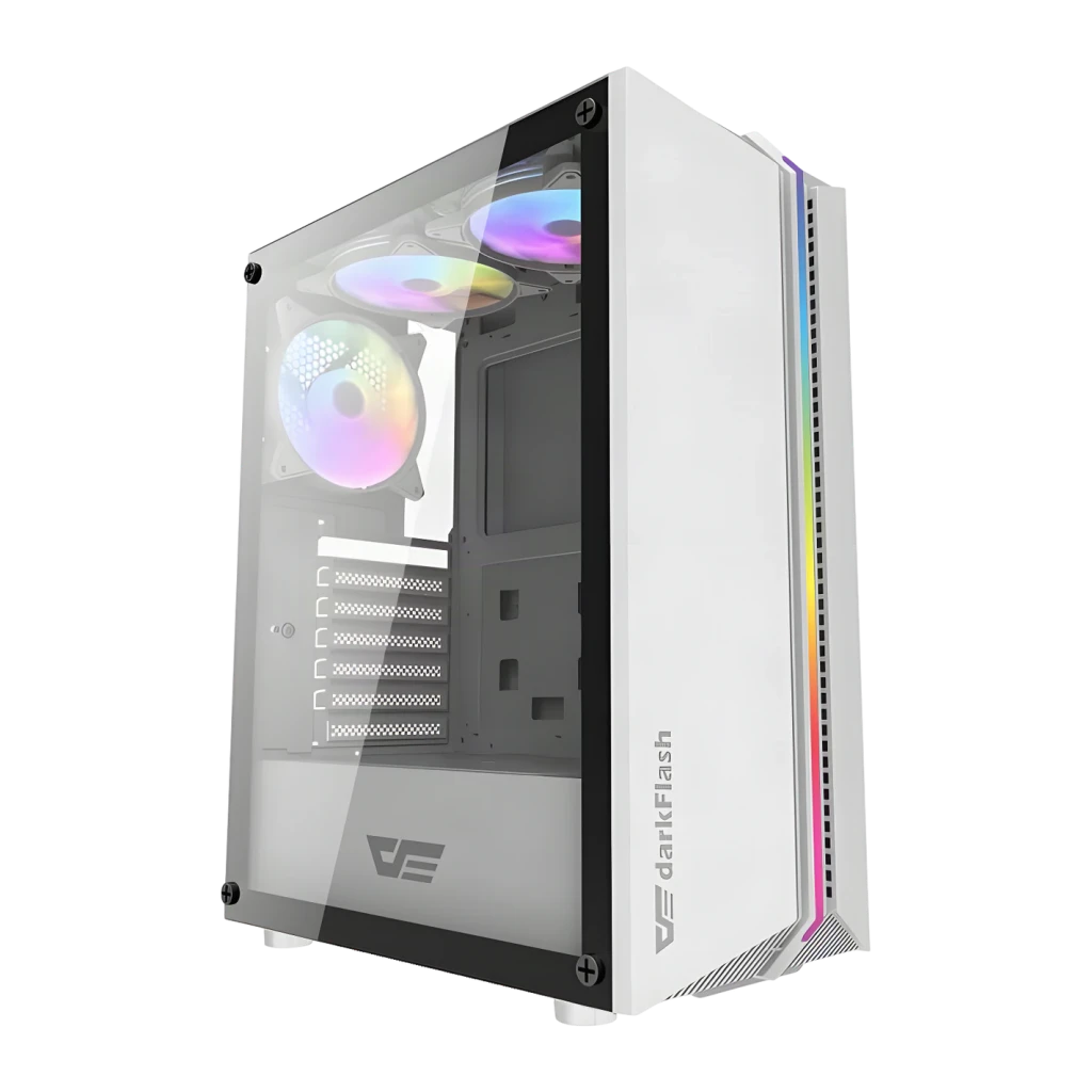 Boîtier PC Darkflash DK151 Verre Trempé ATX Blanc, détail: panneau latéral en verre trempé et bandeau RGB frontal allumé