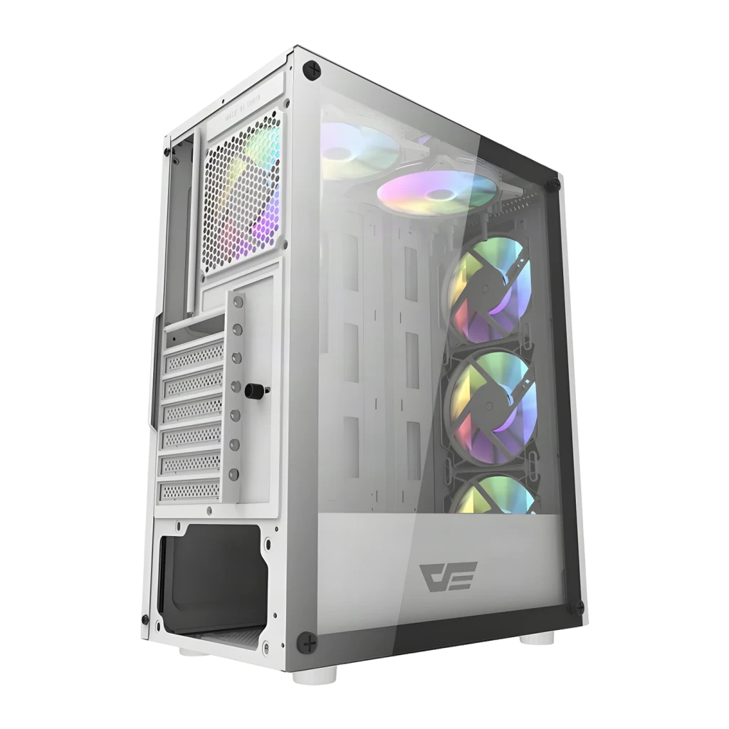 Boîtier PC Darkflash DK151 Verre Trempé ATX Blanc, vue arrière: panneau latéral en verre et 3 ventilateurs ARGB visibles
