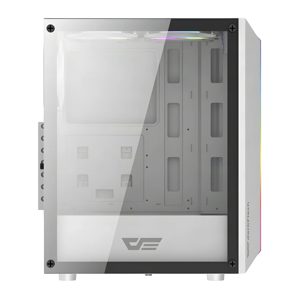 Boîtier PC Darkflash DK151 Verre Trempé ATX Blanc, détail latéral: panneau en verre trempé, intérieur vide et ventilateurs