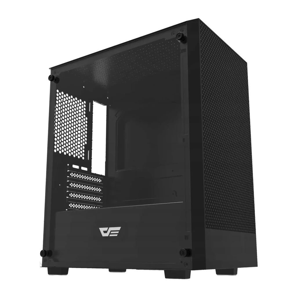 Boîtier PC Darkflash M305 Verre Trempé Mini Tower mATX/ITX 325x195x387mm Noir, vue avant: panneau latéral en verre trempé
