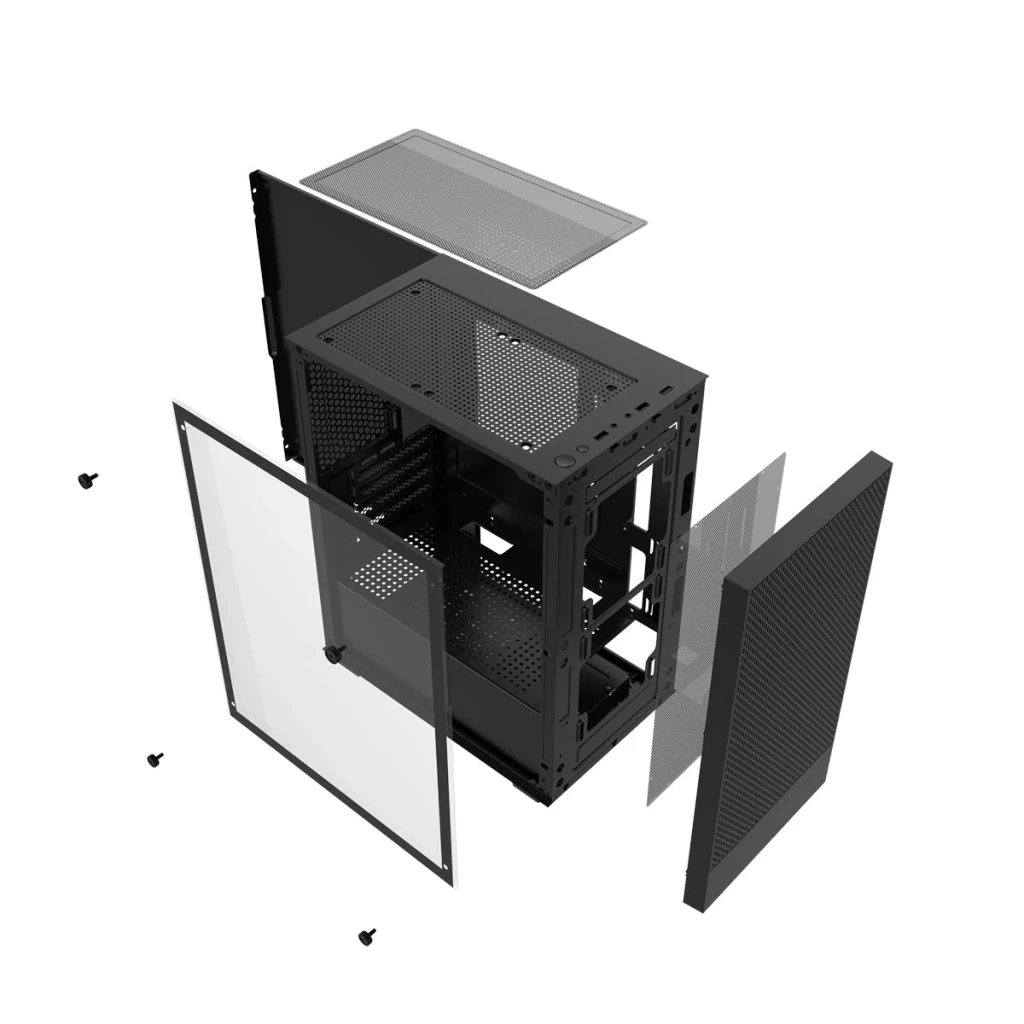 Boîtier PC Darkflash M305 Verre Trempé Mini Tower mATX/ITX 325x195x387mm Noir, vue éclatée: panneau en verre, filtres