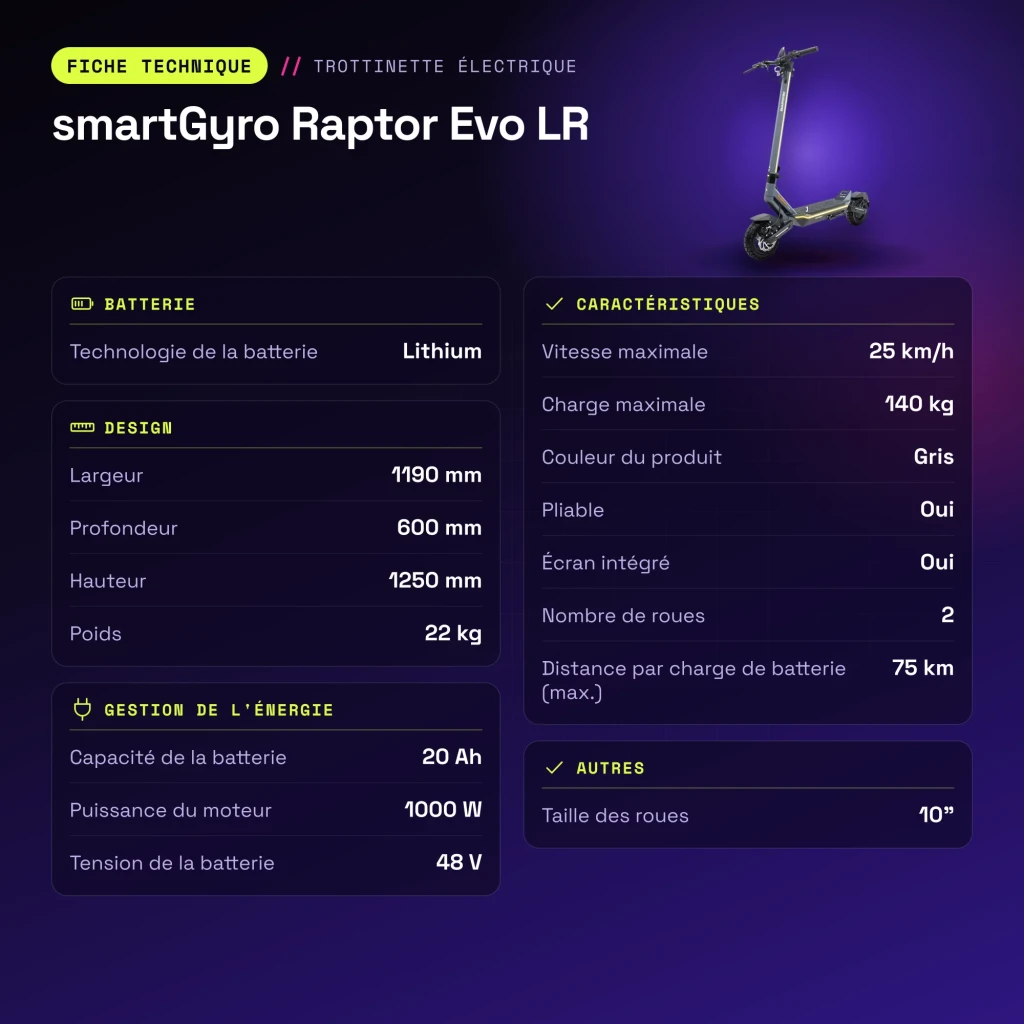 Patinete eléctrico smartGyro Raptor Evo LR 1000W 75km 25km/h 10 pulgadas Gris - características