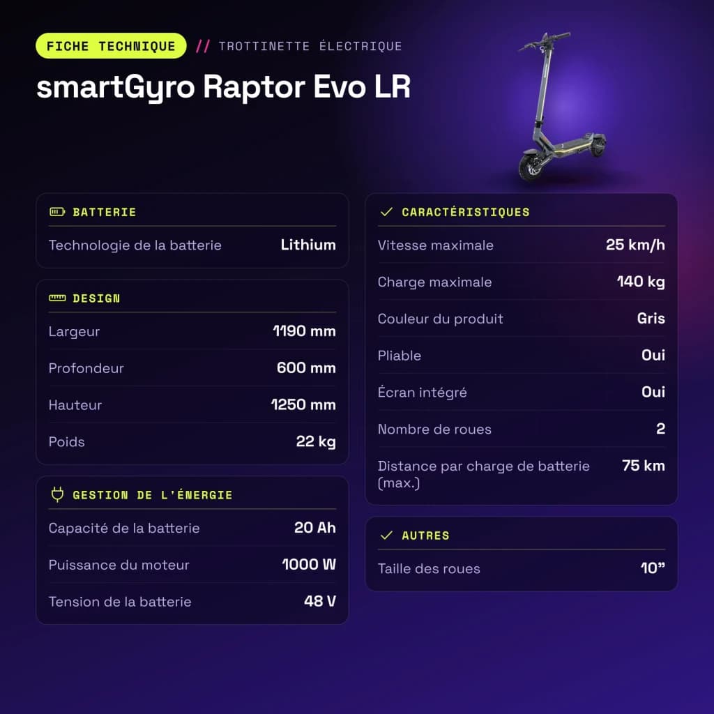 Patinete eléctrico smartGyro Raptor Evo LR 1000W 75km 25km/h 10 pulgadas Gris - características