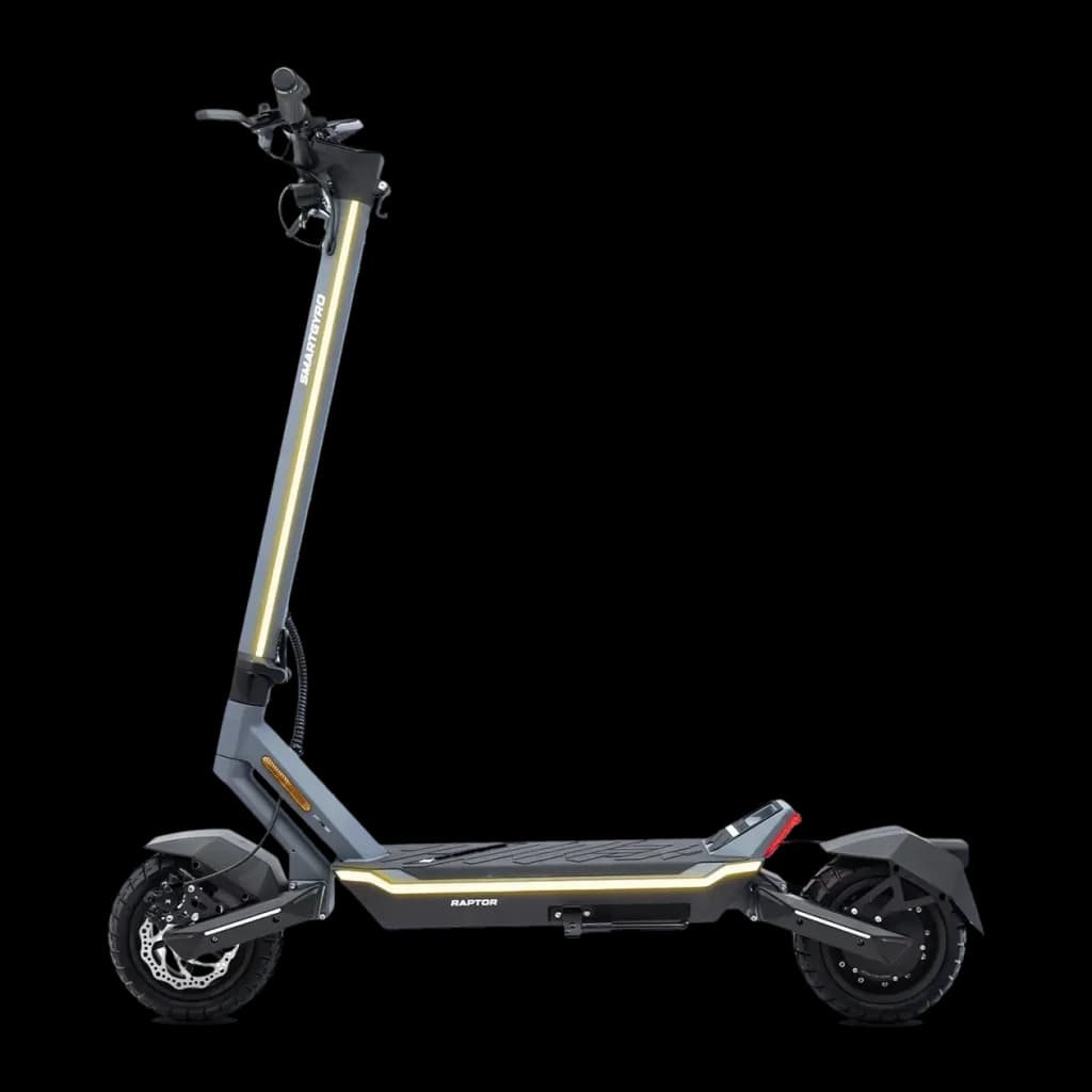 Patinete eléctrico smartGyro Raptor Evo LR 1000W 75km 25km/h 10 pulgadas Gris, detalle: vista lateral completa con tira LED