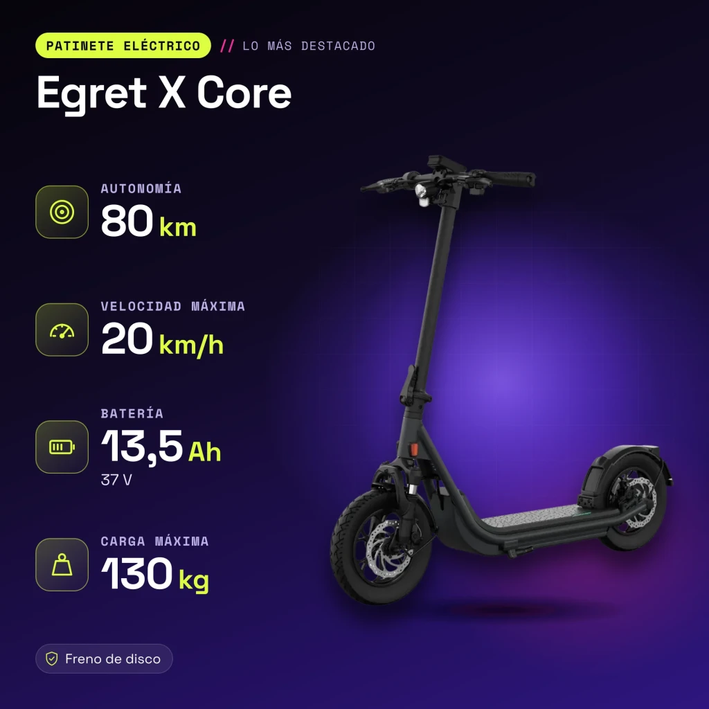 Patinete eléctrico Egret X Core 80km 20km/h Ruedas hinchables Negro - características