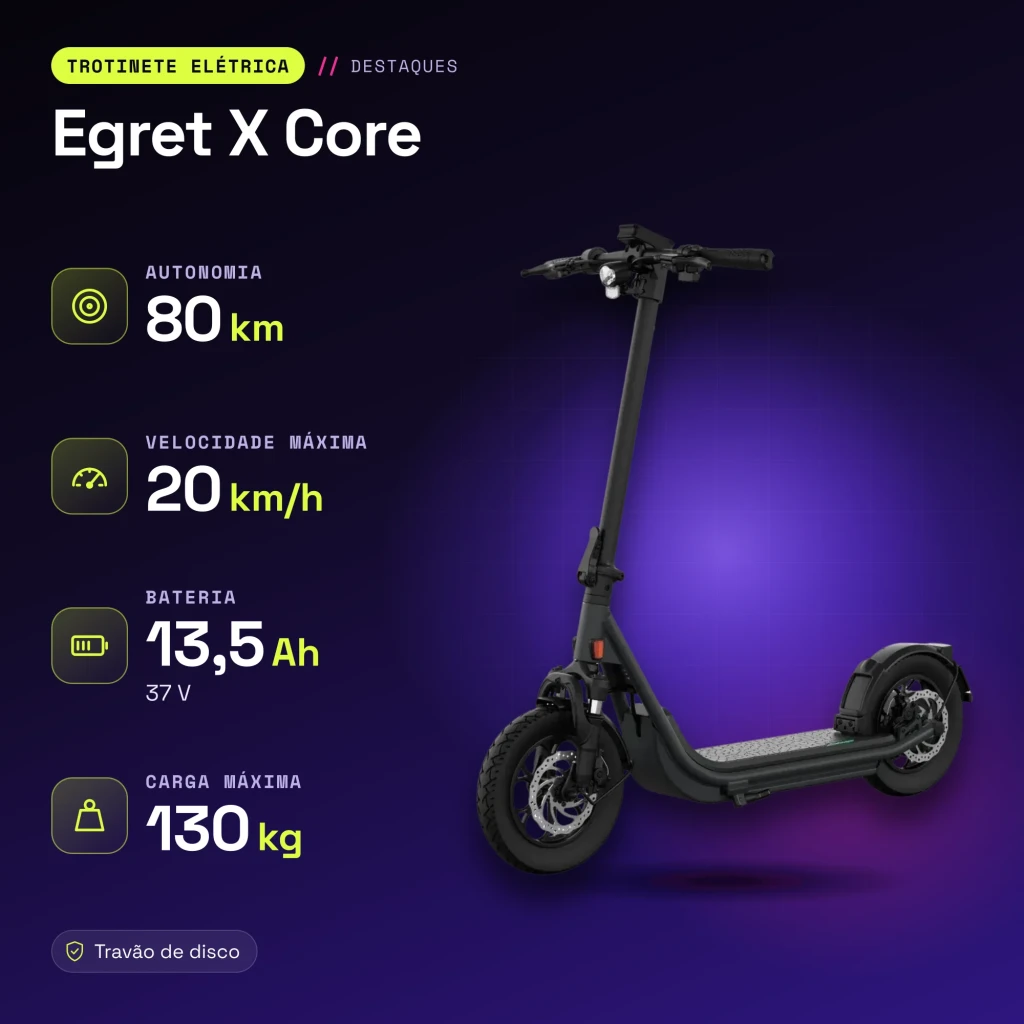 Patinete eléctrico Egret X Core 80km 20km/h Ruedas hinchables Negro - características