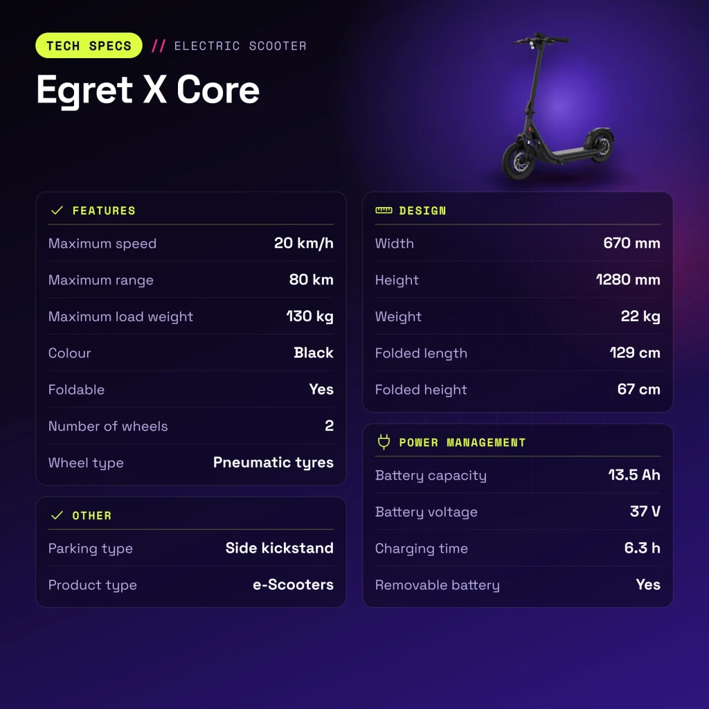 Patinete eléctrico Egret X Core 80km 20km/h Ruedas hinchables Negro - características