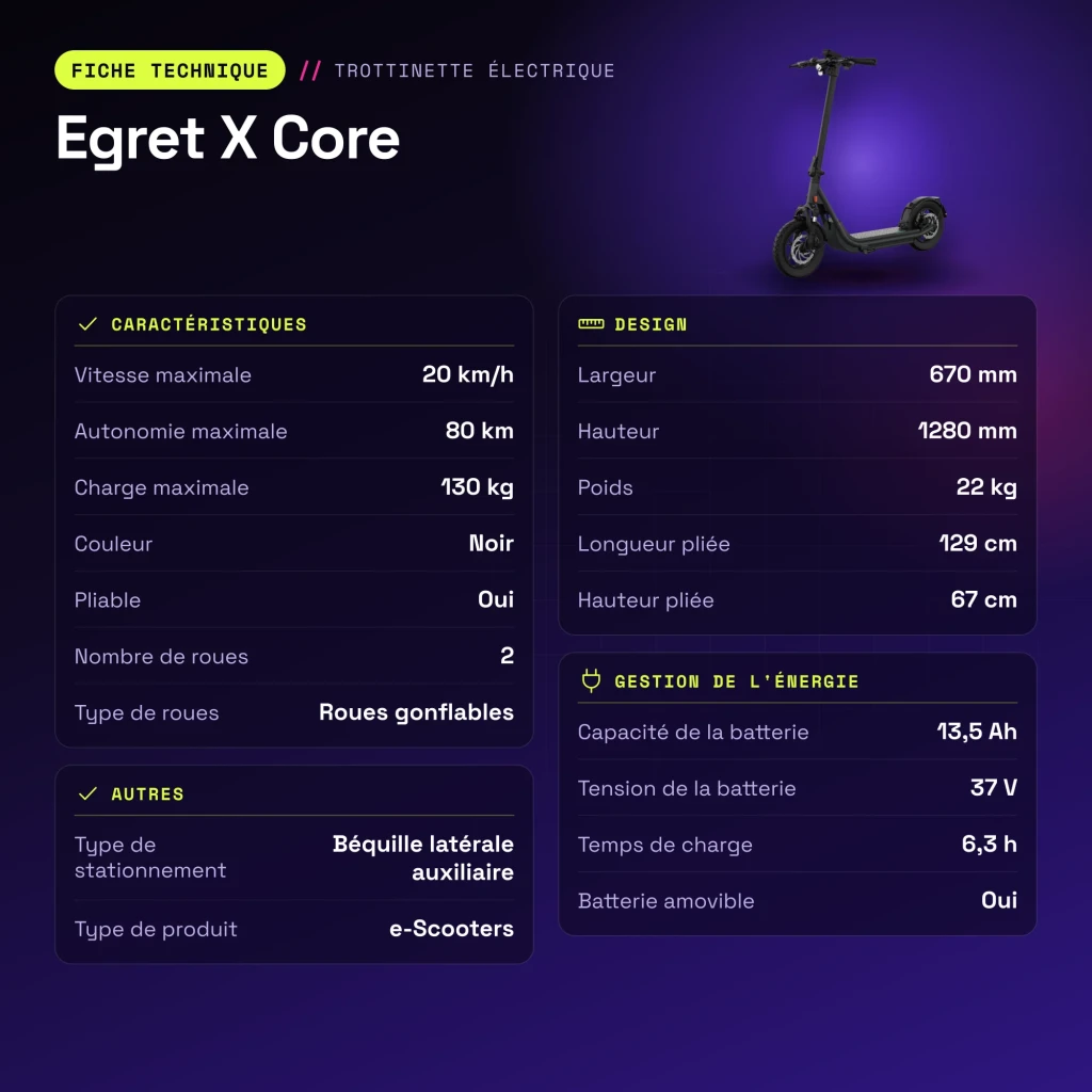 Patinete eléctrico Egret X Core 80km 20km/h Ruedas hinchables Negro - características