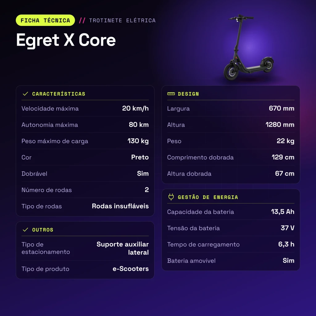 Patinete eléctrico Egret X Core 80km 20km/h Ruedas hinchables Negro - características