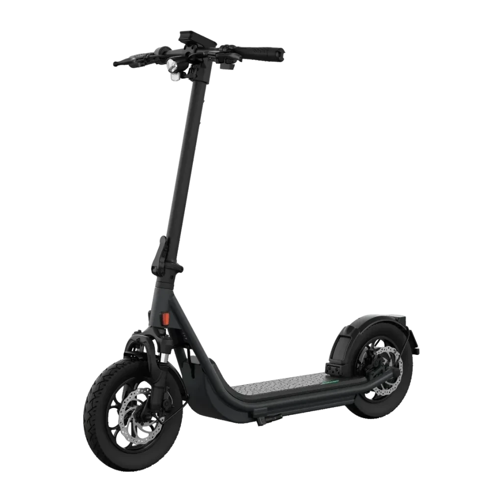 Patinete eléctrico Egret X Core 80km 20km/h Ruedas hinchables Negro, vista frontal: manillar, frenos de disco y ruedas
