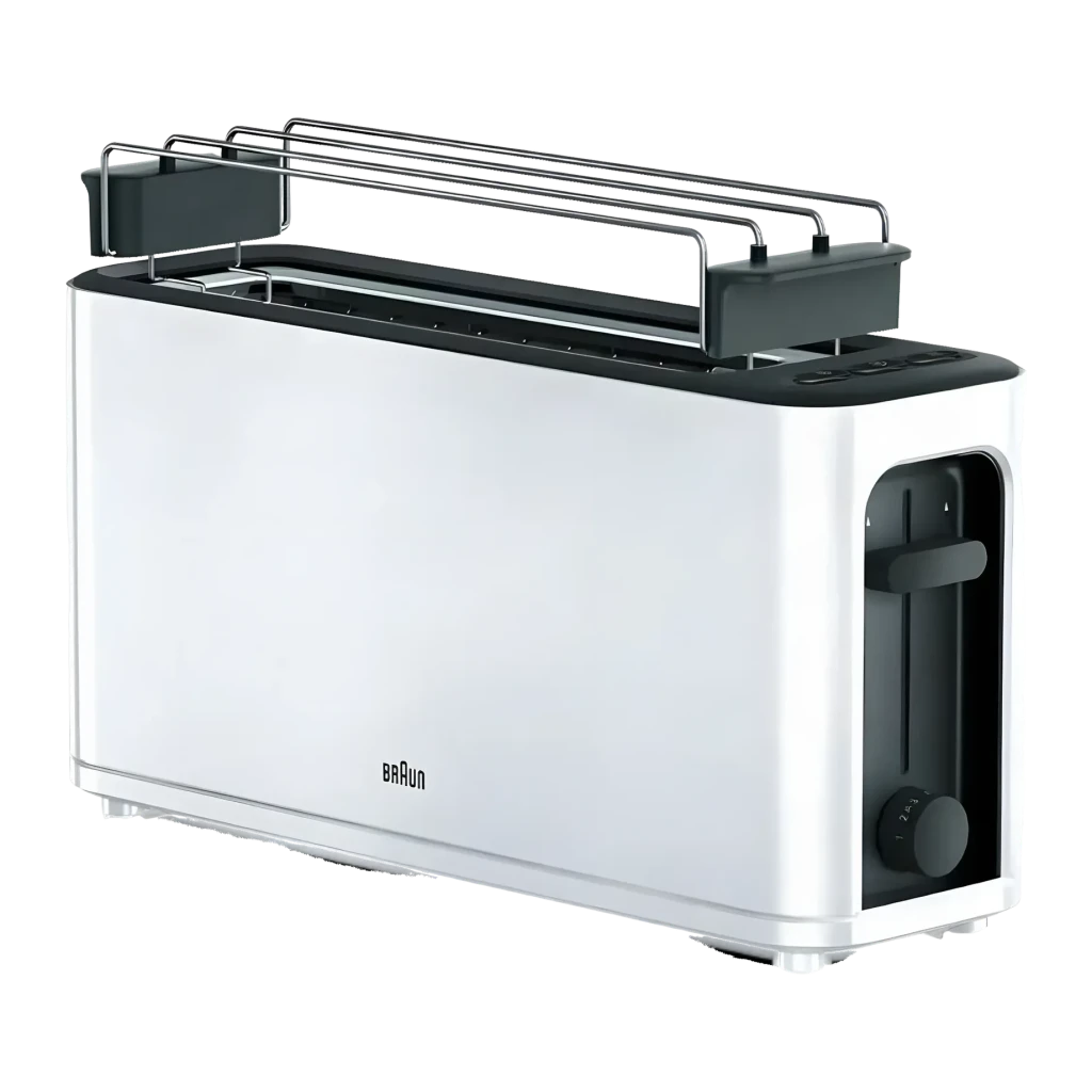 Grille-pain Braun PurEase HT 3110 1000W 1 Fente Blanc, vue de face: corps blanc avec grille chauffe-viennoiseries, levier