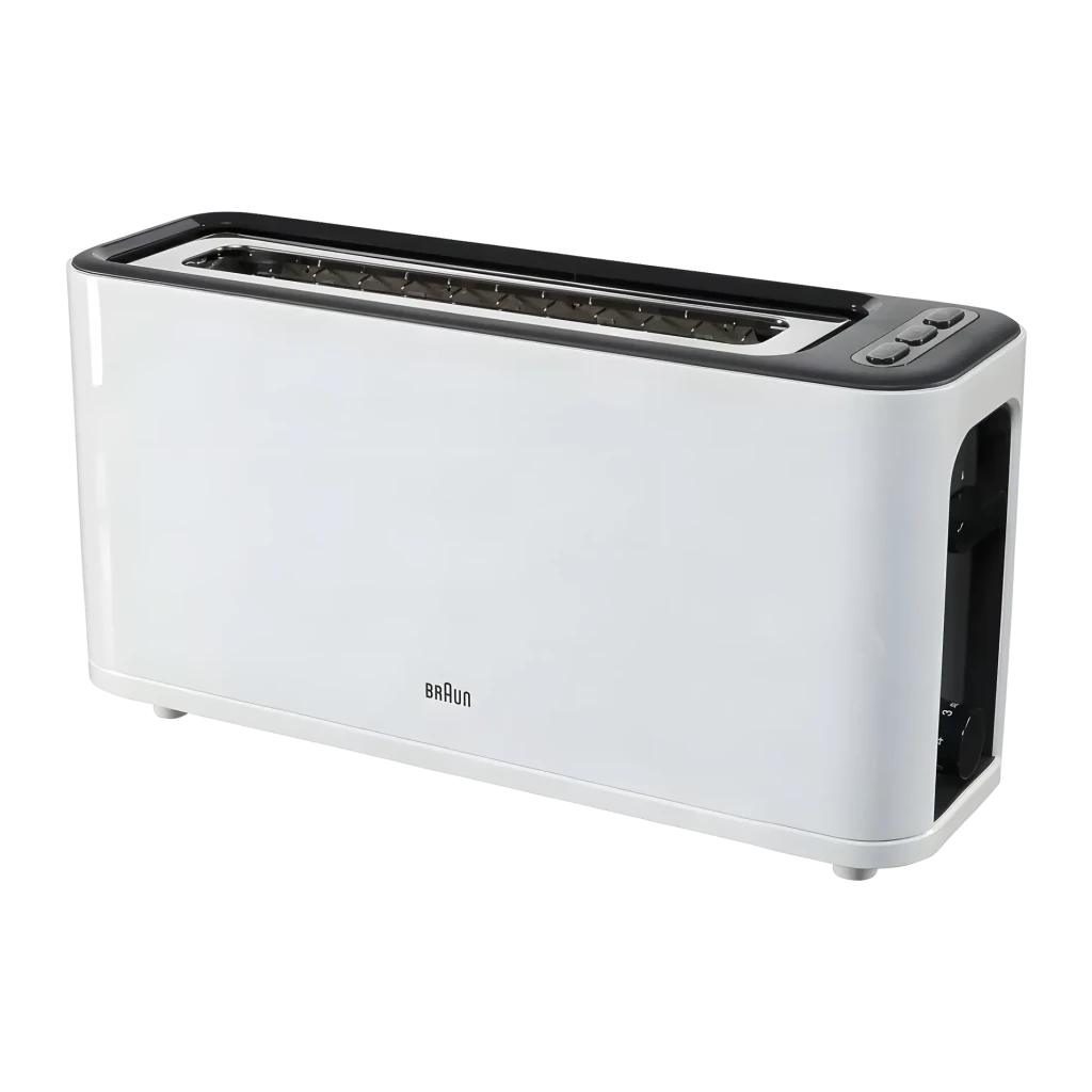 Grille-pain Braun PurEase HT 3110 1000W 1 Fente Blanc, détail: vue en angle montrant la fente longue et les boutons latéraux