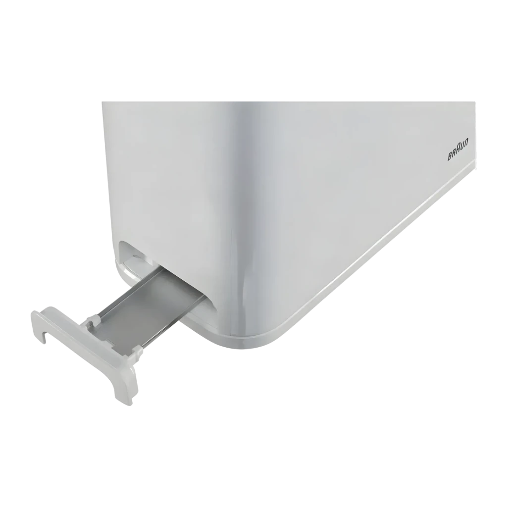 Grille-pain Braun PurEase HT 3110 1000W 1 Fente Blanc, détail: tiroir ramasse-miettes sorti de la base, corps blanc