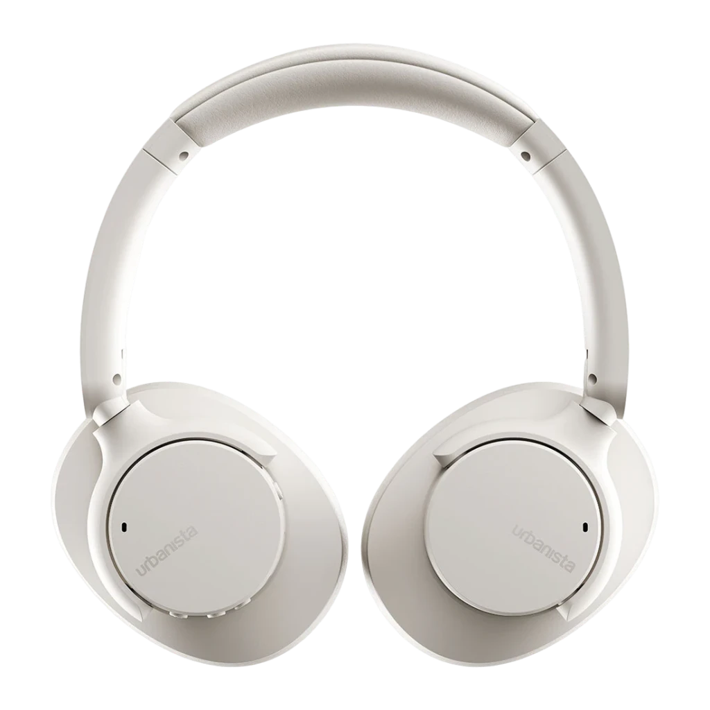 Auriculares Urbanista Valencia Cancelación de Ruido Activo Diadema Bluetooth 5.3 Blanco, vista trasera: cazoletas con logo