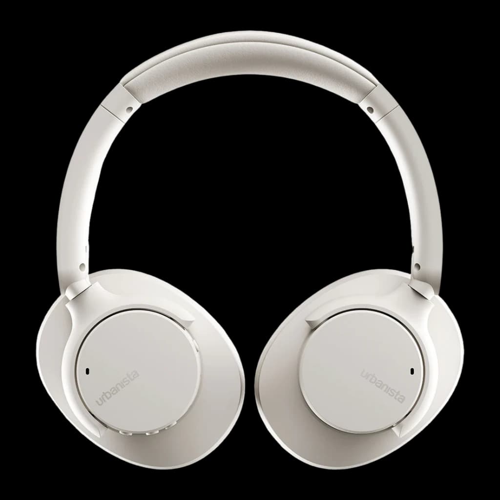 Casque Urbanista Valencia Réduction de Bruit Active Arceau Bluetooth 5.3 Blanc, vue arrière: coussinets avec logo et arceau