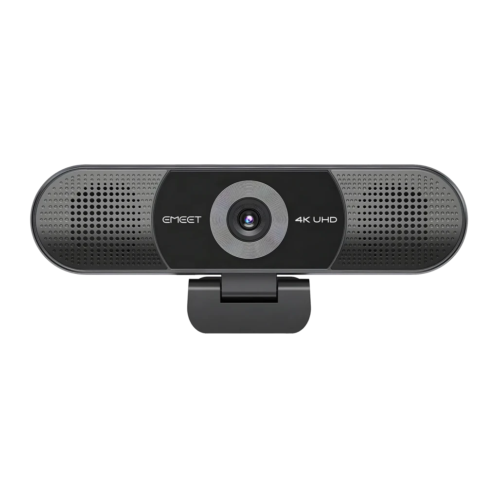 Webcam eMeet C980 Pro 4K 30fps Noir, vue de face: objectif central, grilles de microphone latérales et logo EMEET avec texte