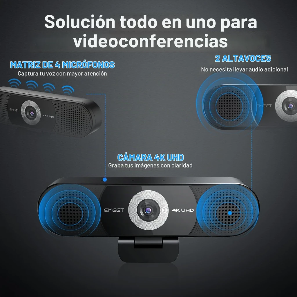 Webcam eMeet C980 Pro 4K 30fps Noir, infographie: caméra 4K UHD, réseau de 4 micros et 2 haut-parleurs intégrés