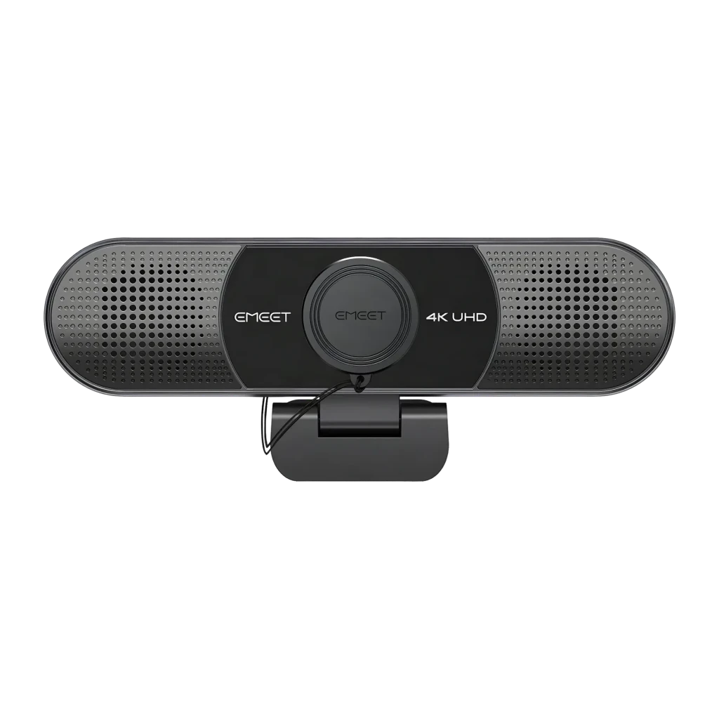 Webcam eMeet C980 Pro 4K 30fps Noir, détail face avant: objectif central avec cache, grilles micro et logo 4K UHD
