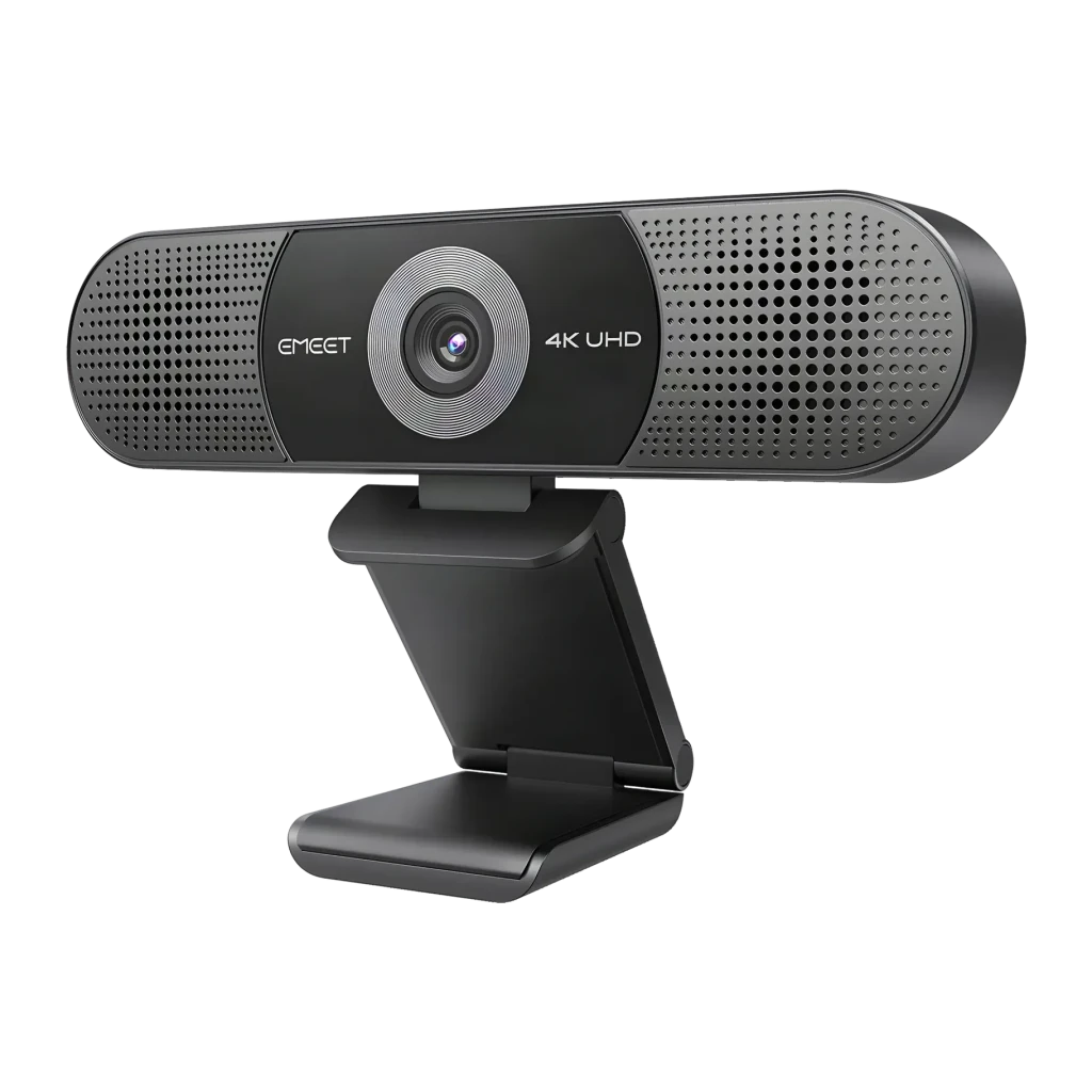 Webcam eMeet C980 Pro 4K 30fps Noir, détail: objectif central à anneau concentrique, grilles de microphone et logo 4K UHD