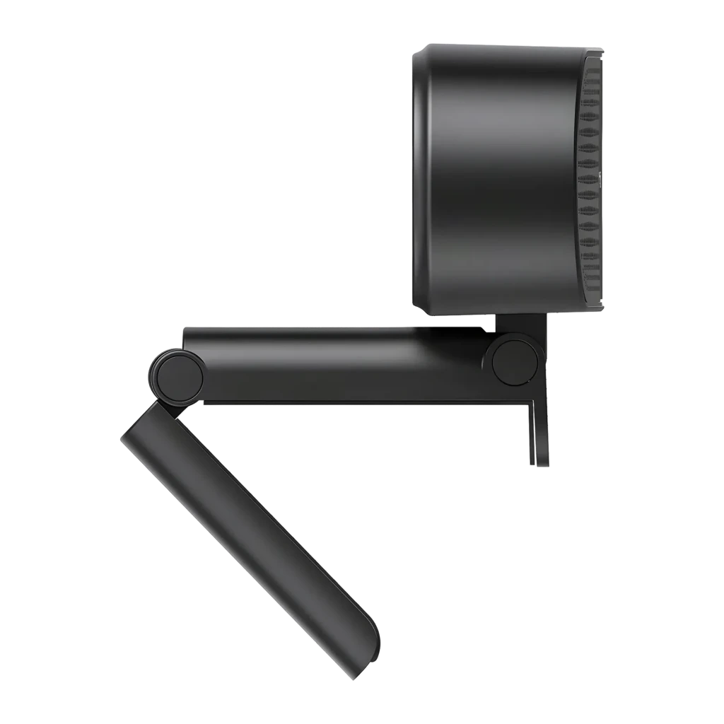 Webcam eMeet C980 Pro 4K 30fps Noir, détail latéral: corps cylindrique, grille latérale et support articulé déplié