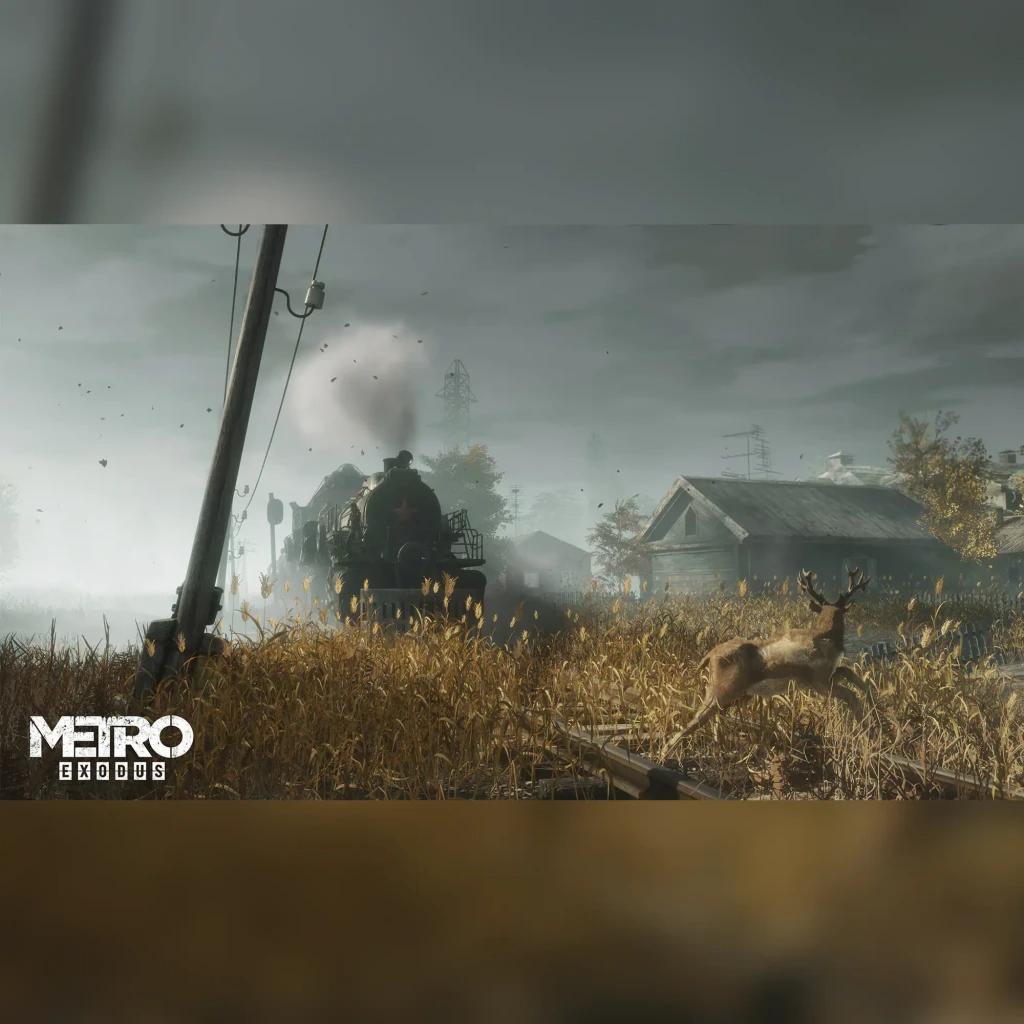 Videojuego PLAION Metro Exodus Complete Edition PS5, en uso: tren de vapor avanza entre campos con ciervo huyendo y paisaje
