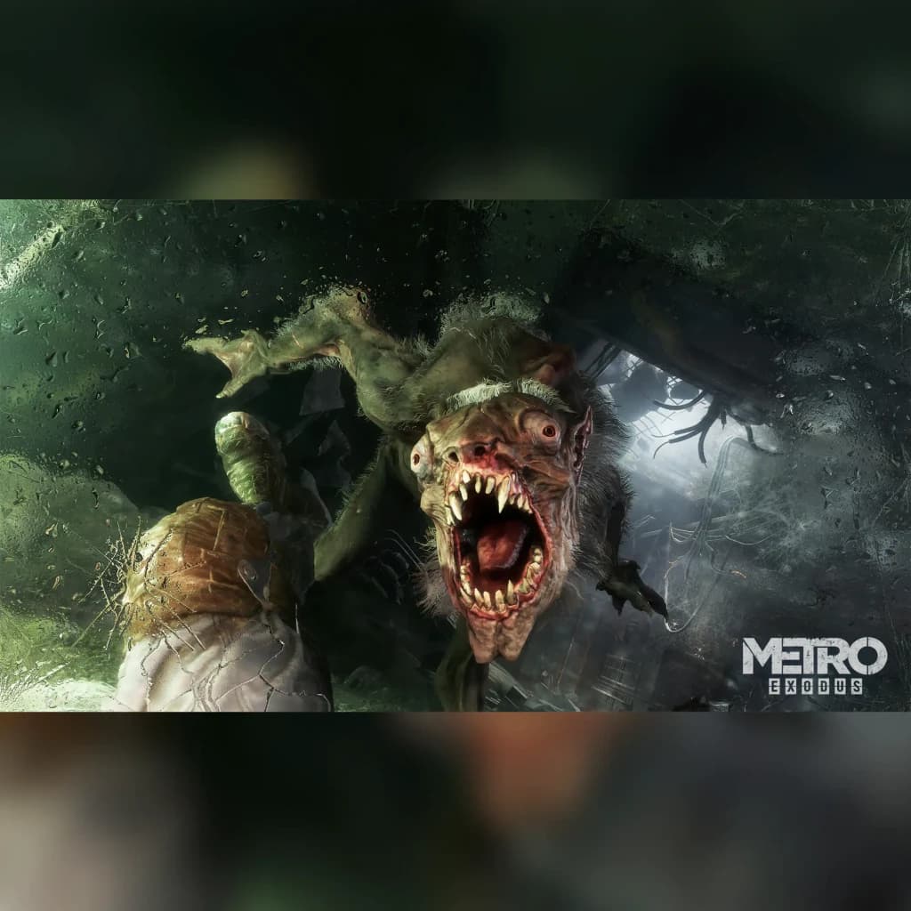 Videojuego PLAION Metro Exodus Complete Edition PS5, en uso: criatura mutante con fauces abiertas y logo Metro Exodus