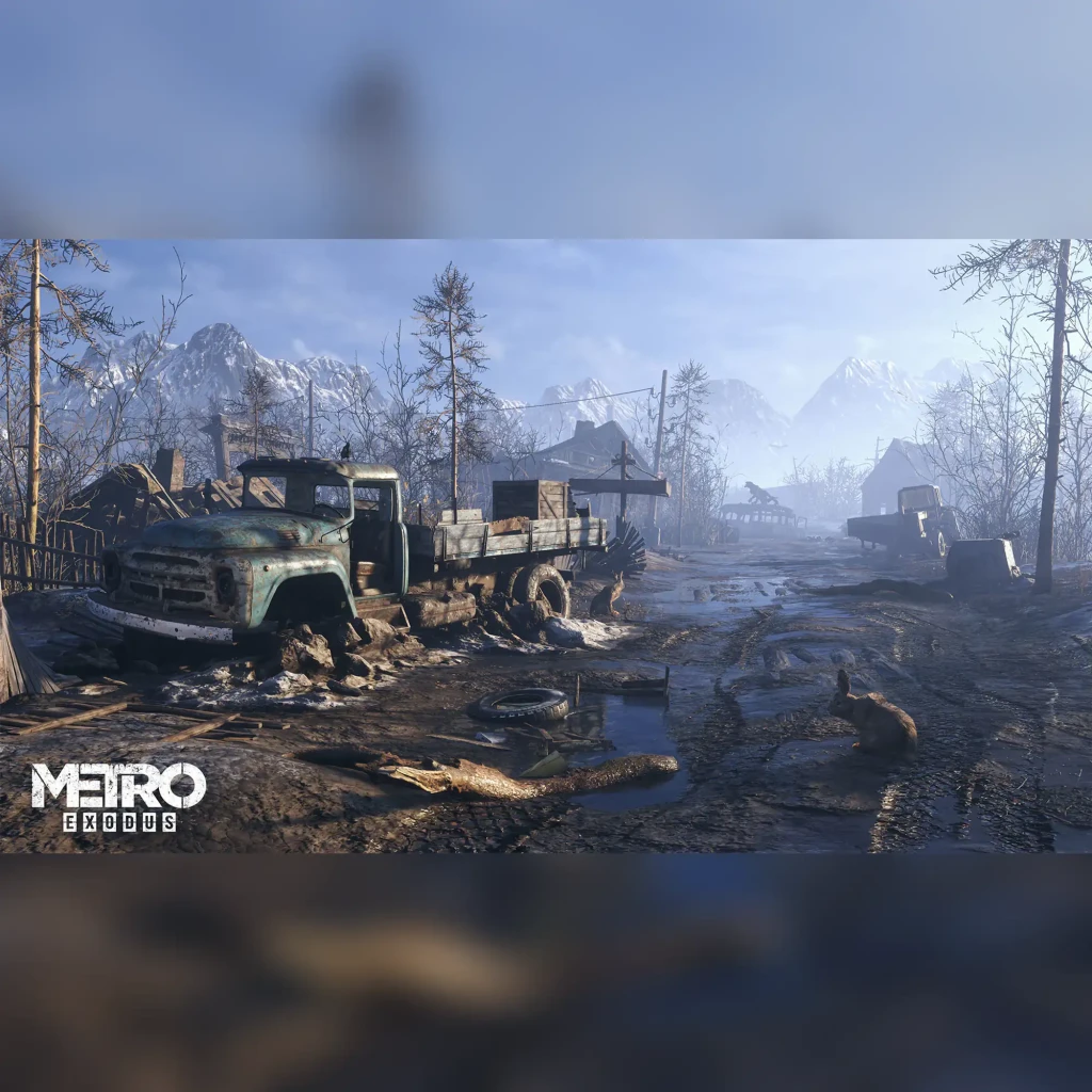 Videojuego PLAION Metro Exodus Complete Edition PS5, en uso: captura de juego con camión oxidado en pueblo postapocalíptico