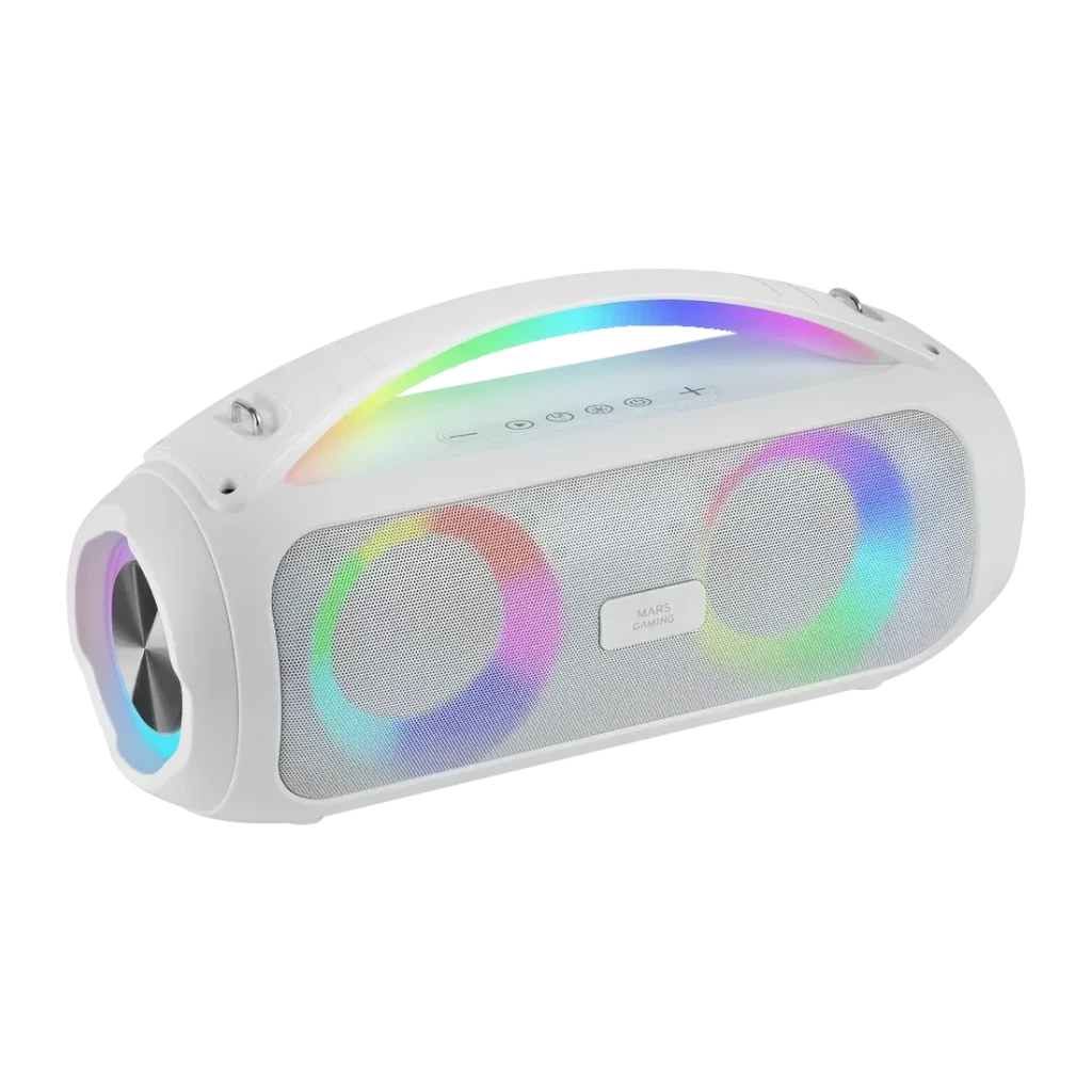 Altavoz Mars Gaming MS-Pulse RGB Sumergible 10m 50W 8h Bluetooth 5.3 Blanco, vista frontal: rejilla blanca con dos anillos