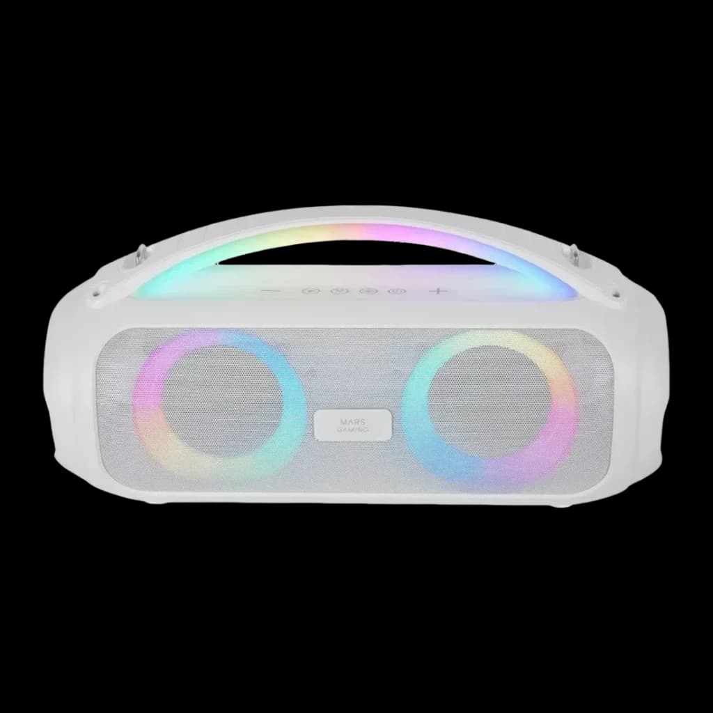 Altavoz Mars Gaming MS-Pulse RGB Sumergible 10m 50W 8h Bluetooth 5.3 Blanco, detalle frontal: dos altavoces con anillos RGB